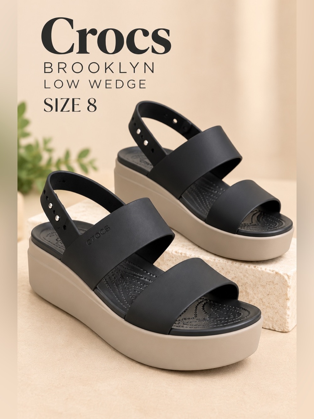 Crocs Brooklyn Low Wedge Sandals Black Mushroom Women’s Size 8